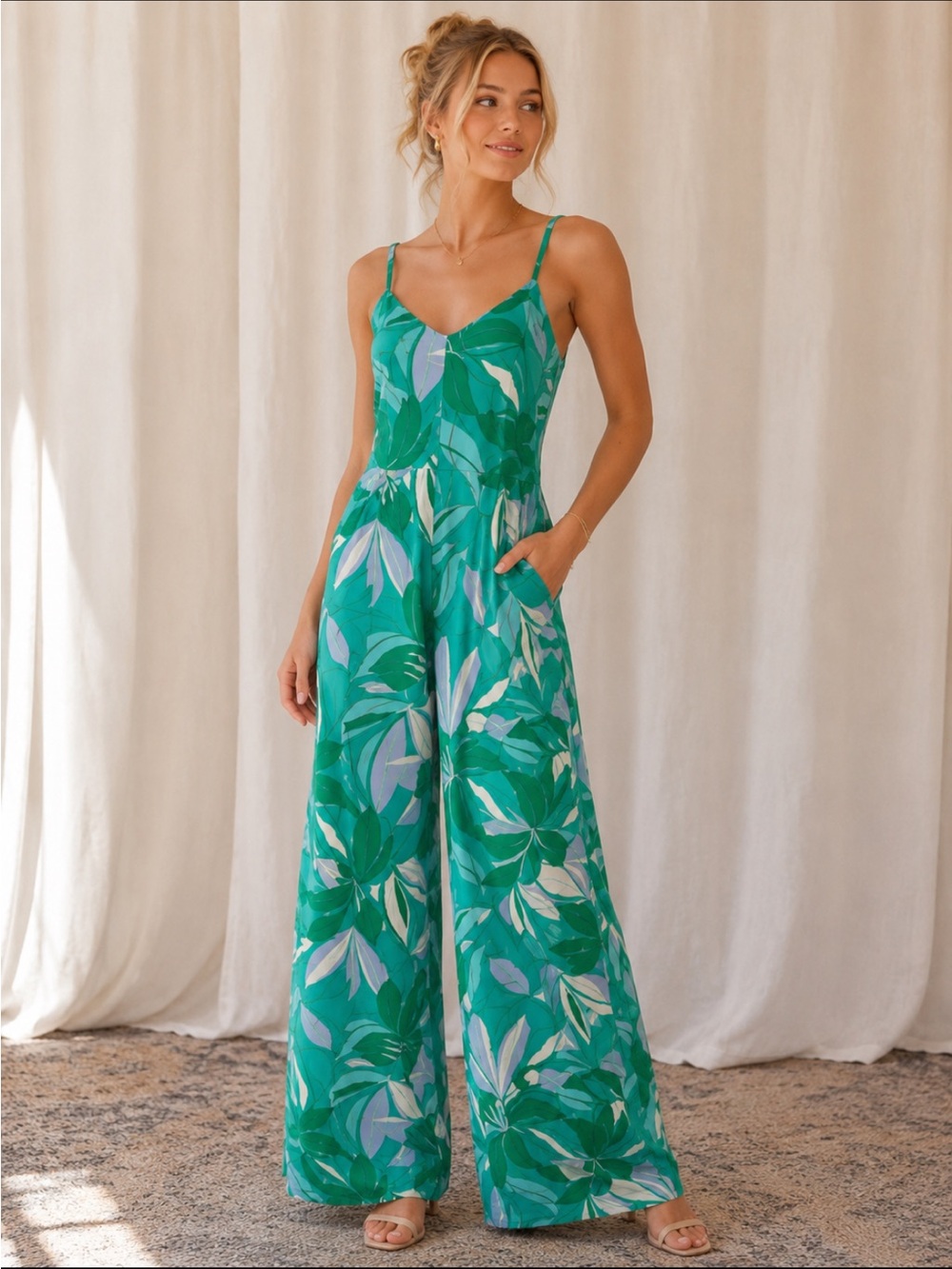 Green Leaf Print Wide-Leg Jumpsuit